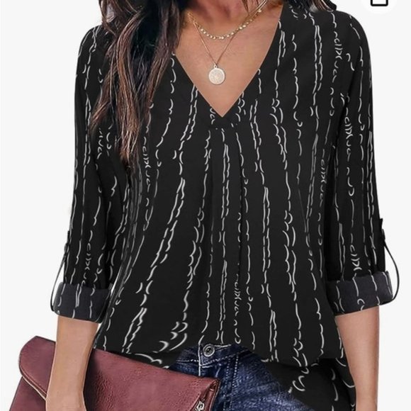 Chiffon Printed V Neck Blouse - Picture 1 of 9
